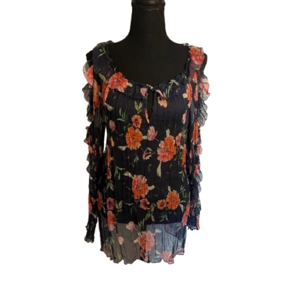 Johnny Was love Desi  100% Silk Top Sz M Floral Sheer Boho Ruffle Tunic peasant - Picture 4 of 11